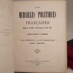 Couverture du livre Estimation du livre « les Murailles politiques françaises, depuis le 18 juillet 1870 jusqu’au 25 mai 1871. Affiches françaises et allemandes. T1 : La Guerre, La Commune – Paris, Province. T2 : La Commune : Paris, Versailles, La Province, 18 mars – 27 mai 1871. T3 : Les Murailles d’Alsace-Lorraine : Metz, Sarreguemines, Strasbourg, Haguenau, Saverne, Nancy, etc. »