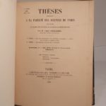 Couverture du livre Estimation du livre « thèses présentées à la Faculté des Sciences de Paris pour le Doctorat ès Sciences mathématiques, par M. A. Picart. 1ère thèse : Essai d’une théorie géométrique des surfaces. 2e thèse : Propositions de mécanique données par la Faculté. [SUIVI DE:] Thèses […] par M. l’abbé d’Esclaibes : Sur les applications des fonctions elliptiques à l’étude des courbes du premier genre. [DE:] Thèse […] par M. Jules Tannery : Propriétés des intégrales des équations différentielles linéaires à coefficients variables. [DE:] Thèses […] par M. J. Garlin. Thèse de mécanique : Sur les surfaces isothermes et orthogonales. Thèse d’astronomie : Sur les mouvements apparents. [DE :] Thèses […] par M. Saint Loup. Thèse d’astronomie : Sur une nouvelle méthode pour le calcul des perturbations du mouvement des planètes. Thèse de géométrie : Sur les propriétés des lignes géodésiques. [DE:] Thèses […] par M. F. Massieu. 1ère thèse : Sur les intégrales algébriques des problèmes de mécanique. 2e thèse : Sur le mode de propagation des ondes planes et la surface de l’onde élémentaire dans les cristaux birégringents à deux axes. [ET DE:] Sur la fonction exponentielle [par Hermite]. »