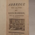 Couverture du livre Estimation du livre « abbrege de la vie de Louis Mandrin, ched des contrebandiers en France. [SUIVI DE :] La Mandrinade, poëme en quatre chants, en vers burlesques. [ET DE : ] Testament politique de Louis Mandrin, Généralissime des troupes de contrebandiers, écrit par lui-même dans sa prison. »