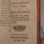 Couverture du livre Estimation du livre « abbrege de la vie de Louis Mandrin, ched des contrebandiers en France. [SUIVI DE :] La Mandrinade, poëme en quatre chants, en vers burlesques. [ET DE : ] Testament politique de Louis Mandrin, Généralissime des troupes de contrebandiers, écrit par lui-même dans sa prison. »