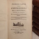 Couverture du livre Estimation du livre « les Confessions de J. J. Rousseau, Citoyen de Genève. Suivies des Rêveries du Promeneur solitaire. Edition enrichie d’un nouveau recueil de ses Lettres. Tomes 1-2-3-4 : Confessions, Rêveries (au T2). T5 : Déclaration de Rousseau relative à M. Vernes, Vision de Pierre de la Montagne dit le Voyant, Lettres diverses. T6-7 : Lettres diverses. »