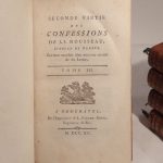 Couverture du livre Estimation du livre « les Confessions de J. J. Rousseau, Citoyen de Genève. Suivies des Rêveries du Promeneur solitaire. Edition enrichie d’un nouveau recueil de ses Lettres. Tomes 1-2-3-4 : Confessions, Rêveries (au T2). T5 : Déclaration de Rousseau relative à M. Vernes, Vision de Pierre de la Montagne dit le Voyant, Lettres diverses. T6-7 : Lettres diverses. »
