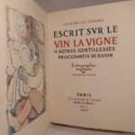 Couverture du livre Estimation du livre « escrit sur le vin, la vigne & autres gentillesses procédantes de raisin. Lithographies originales de Maurice Savin. »