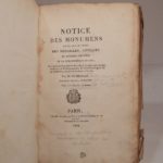 Couverture du livre Estimation du livre « notice des monumens exposés dans le Cabinet des médailles, antiques et pierres gravées de la Bibliothèque du Roi ; suivie d’une description des objets les plus curieux que renferme cet Etablissement, de notes historiques sur sa fondation, ses accroissemens, etc. etc., par M. Dumersan. Nouvelle édition, augmentée. Avec figures. [SUIVI DE:] Notice des estampes exposées à la Bibliothèque du Roi, contenant des recherches historiques et critiques sur ces estampes et sur leurs auteurs, précédée d’un Essai sur l’origine, l’accroissement et la disposition méthodique du Cabinet des Estampes. [DE:] Compte rendu à S. E. le Ministre de l’Intérieur du voyage fait en Angleterre par M. Duchesne aîné, pour y examiner diverses collections d’estampes publiques ou particulières. (Publié dans le Moniteur du 28 Juillet 1824.) [DE:] Essai sur les Nielles. Gravures des orfèvres florentin du XVe siècle, par Duchesne aîné. Prospectus. [DE:] Guide des curieux et des étrangers dans les Bibliothèques publiques de Paris. Ouvrage dans lequel on trouve la description des objets les plus curieux que renferme chacune des six Bibliothèques publiques de Paris, les jours et heures de leur ouverture, une Notice historique sur leur fondation et leurs accroissemens successifs, etc., etc. »