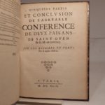 Couverture du livre Estimation du livre « agréable conférence de deux paisans (paysans) de Saint Ouen, & de Montmorency. Sur les affaires du temps. [SUIVI DE:] Suite de l’agréable conférence de deux païsans de Saint Ouen & de Montmorency. Par le mesme Autheur. [DE:] Troisième partie de l’agréable conférence de deux paisans de Saint Ouen & de Montmorency. Ou la rencontre ou dialogue de Piarot & de Janin, fait par le mesme Autheur de la première partie. [DE:] Suitte et quatriesme partie de l’agréable conférence de Piarot et de Janin, paisans de Saint Oüen & de Montmorency. Sur les affaires du temps, par le mesme Autheur. [ET DE:] Cinquiesme partie et conclusion de l’agréable conférence de deux païsans de Saint Ouen & de Montmorency. Sur les affaires du temps, par le mesme Autheur. »