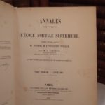 Couverture du livre Estimation du livre « annales scientifiques de l’Ecole Normale Supérieure, publiées sous les auspices du Ministre de l’Instruction Publique par M. L. Pasteur, Membre de l’Institut, Directeur des études scientifiques de l’Ecole, avec un comité de rédaction composé de MM. les mâitres de conférences. 1ère Série : tomes 1 à 7 (1864-1870) – 2e Série : tome 1 à 12 (1872-1883) – 3e Série : tome 1 (1884). »