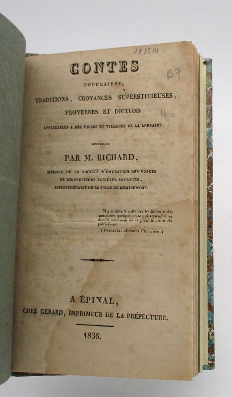 Couverture du livre Estimation du livre « contes populaires, traditions, croyances superstitieuses, proverbes et dictons applicables à des villes et villages de la Lorraine »