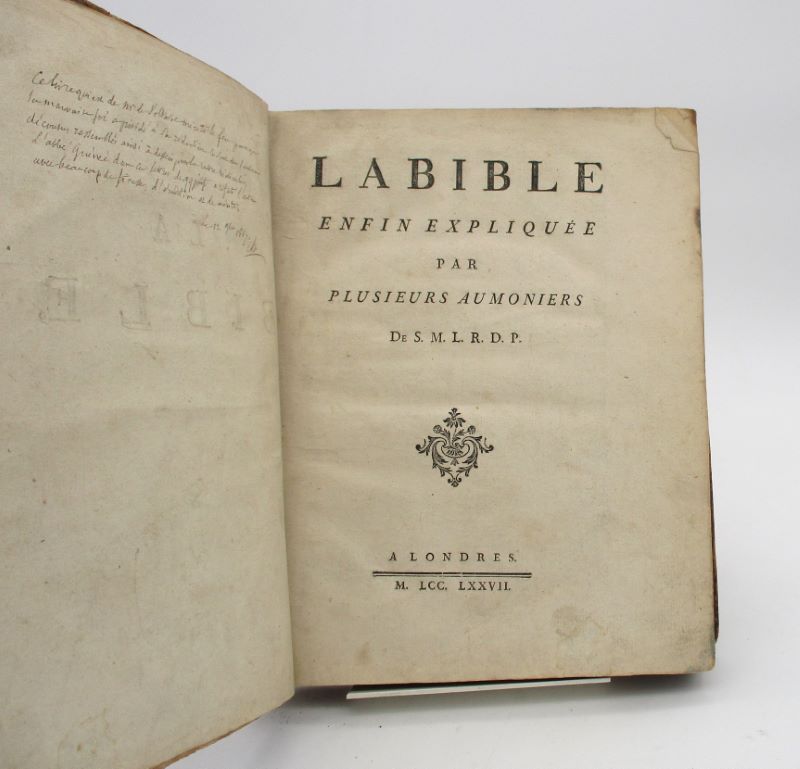 Couverture du livre Estimation du livre « la Bible enfin expliquée par plusieurs aumôniers de S.M.L.R.D.P. »