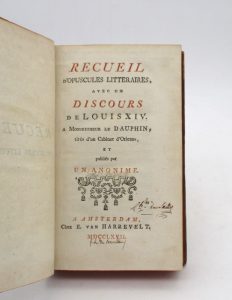 Estimation Edition originale - Couverture du livre Estimation du livre « recueil d’opuscules littéraires, avec un discours de Louis XIV »