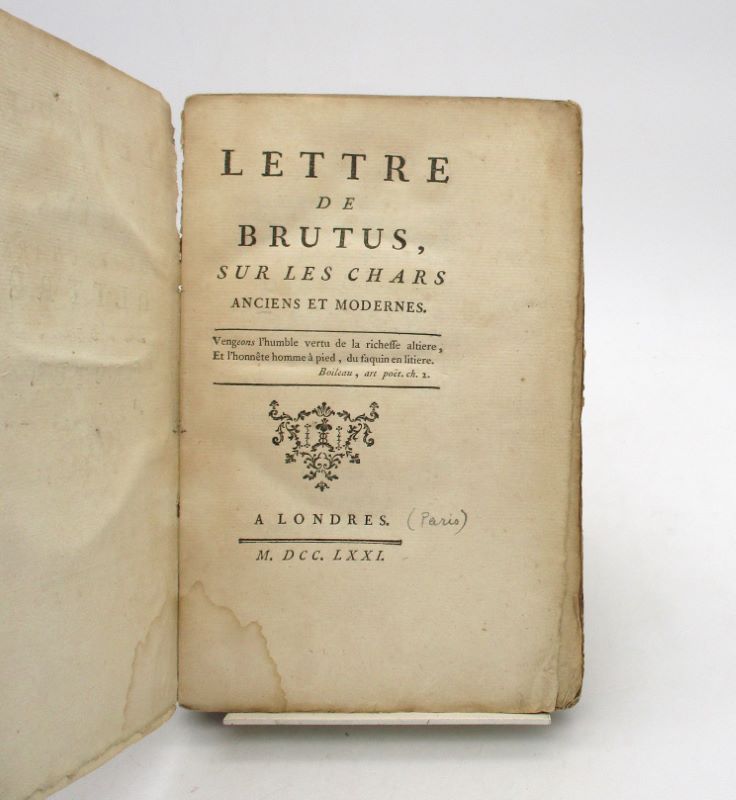 Couverture du livre Estimation du livre « lettre de Brutus, sur les chars anciens et modernes. »