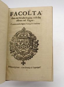 Estimation Livre ancien - Couverture du livre Estimation du livre « facolta’ data dal Rè alla Regina nella sua assenza nel Regno »