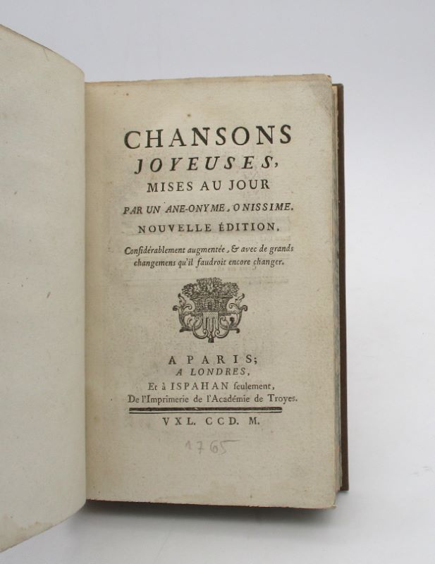 Couverture du livre Estimation du livre « chansons joyeuses, mises au jour par un ane-onyme, o nissime [suivi de:] [Choix de chansons joyeuses. Supplément à l’Anthologie] »