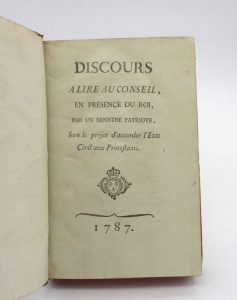 Estimation Histoire - Couverture du livre Estimation du livre « discours à lire au Conseil, en présence du roi, par un ministre patriote, sur le projet d’accorder l’État civile aux protestants »