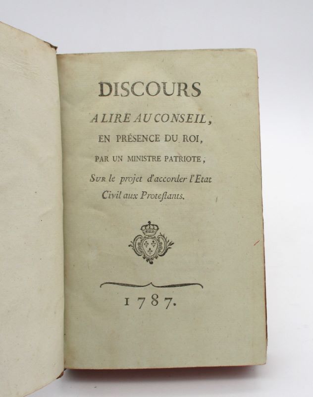 Couverture du livre Estimation du livre « discours à lire au Conseil, en présence du roi, par un ministre patriote, sur le projet d’accorder l’État civile aux protestants »