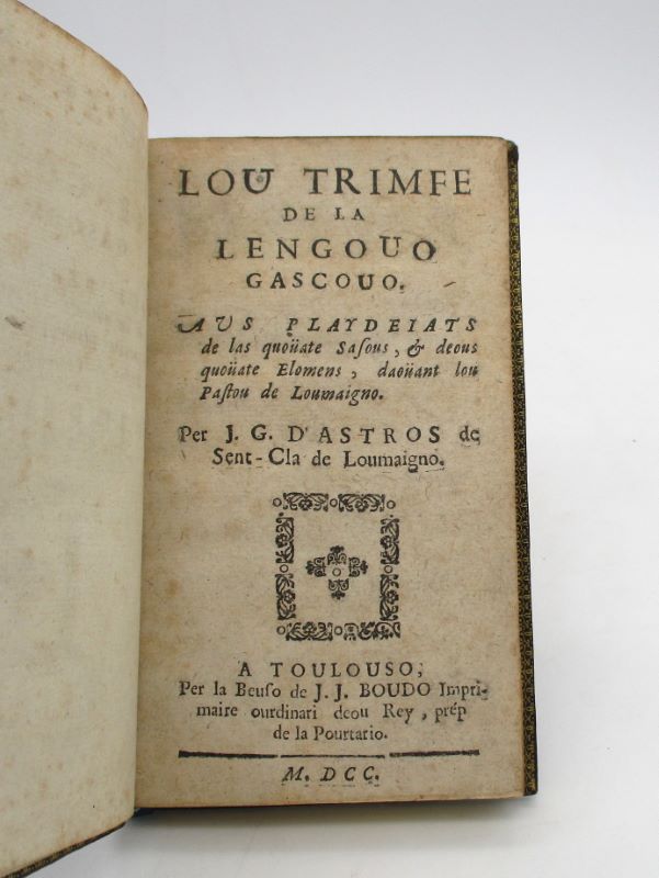 Couverture du livre Estimation du livre « lou Trimfe de la lengouo gascouo aus playdeiats de las quoüate sasous, et deous quoüate elomens, daoüant lou pastou de Loumaigno »