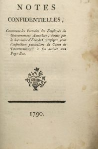 Estimation Histoire - Couverture du livre Estimation du livre « notes confidentielles, contenant les portraits des employés du gouvernement autrichien [avec] Suite des notes confidentielles »