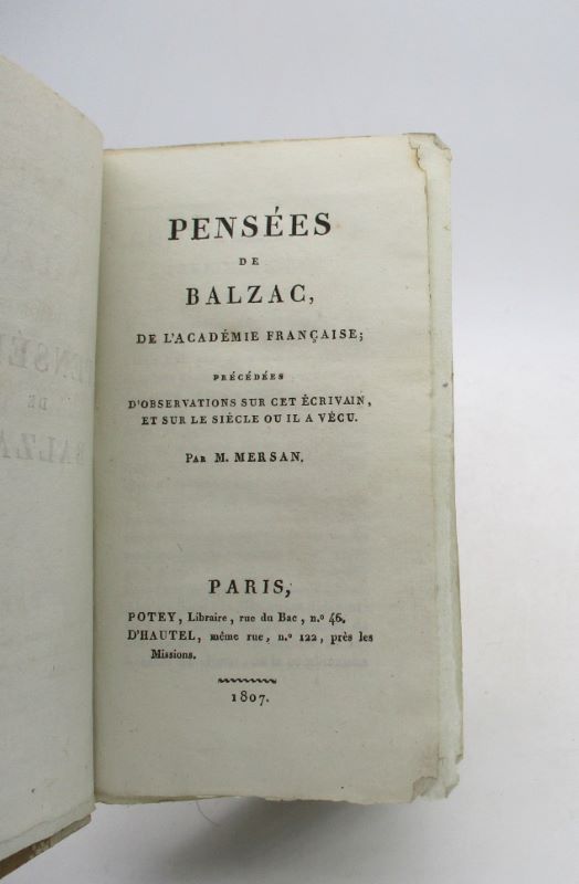 Couverture du livre Estimation du livre « pensées de Balzac, de l’Académie française; précédées d’observations sur cet écrivain et sur le siècle où il a vécu par M. Mersan »