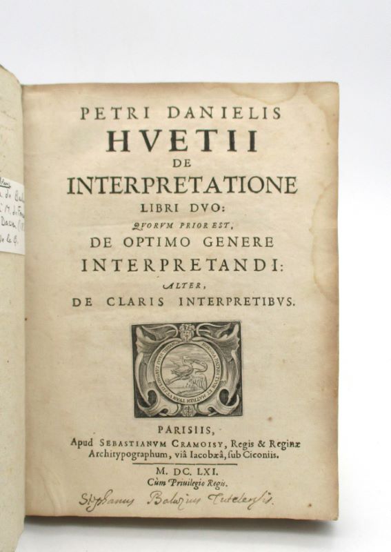 Couverture du livre Estimation du livre « petri Danielis Huetii De Interpretatione libri duo : quorum prior est De Optimo Genere interpretandi : alter, De Claris Interpretibus »