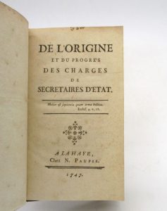 Estimation Histoire - Couverture du livre Estimation du livre « de l’origine et du progrès des charges de Secrétaires d’État »
