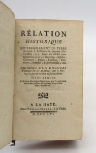 Estimation Livre ancien - Couverture du livre Estimation du livre « rélation historique du tremblement de terre survenu à Lisbonne le premier novembre 1755 »