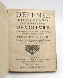 Estimation Edition originale - Couverture du livre Estimation du livre « défense des ouvrages de monsieur de Voiture à monsieur de Balzac »