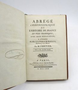 Estimation Sciences Humaines - Couverture du livre Estimation du livre « abrégé chronologique de l’Histoire de France en vers techniques, avec leur explication, à l’usage des élèves de la pension de M. Bertaud, fauxbourg Saint Hornoré »