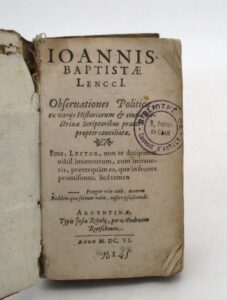 Estimation Livre ancien - Couverture du livre Estimation du livre &laquo;&nbsp;observationes Politicae, ex variis Historiarum & civilis doctrinae Scriptoribus praeterpropter conciliatae&nbsp;&raquo;