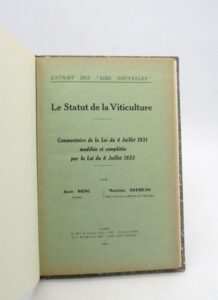 Estimation Sciences et médecine - Couverture du livre Estimation du livre « le Statut de la Viticulture – Commentaire de la loi du 4 juillet 1931 modifiée et complétée par la loi du 8 juillet 1933 »