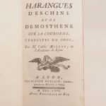 Couverture du livre Estimation du livre « harangues d’Eschine et de Démosthène sur la Couronne, traduites du Grec, par M. l’Abbé Millot, de l’Académie de Lyon. »