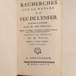 Couverture du livre Estimation du livre « recherches sur la nature du feu de l’enfer et du lieu où il est situé, par M. Swinden […], traduit de l’anglois par M. Bion […]. Avec figures. »
