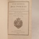 Couverture du livre Estimation du livre « etat général des Postes du Royaume de France, avec les routes qui conduisent aux principales villes de l’Europe, dressé par ordre du Conseil d’Administration, pour l’an 1814. »