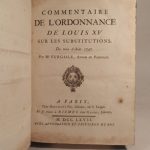 Couverture du livre Estimation du livre « commentaire de l’Ordonnace de Louis XIV sur les substitutions. Du mois d’août 1747. Par Me Furgole, Avocat en Parlement. »