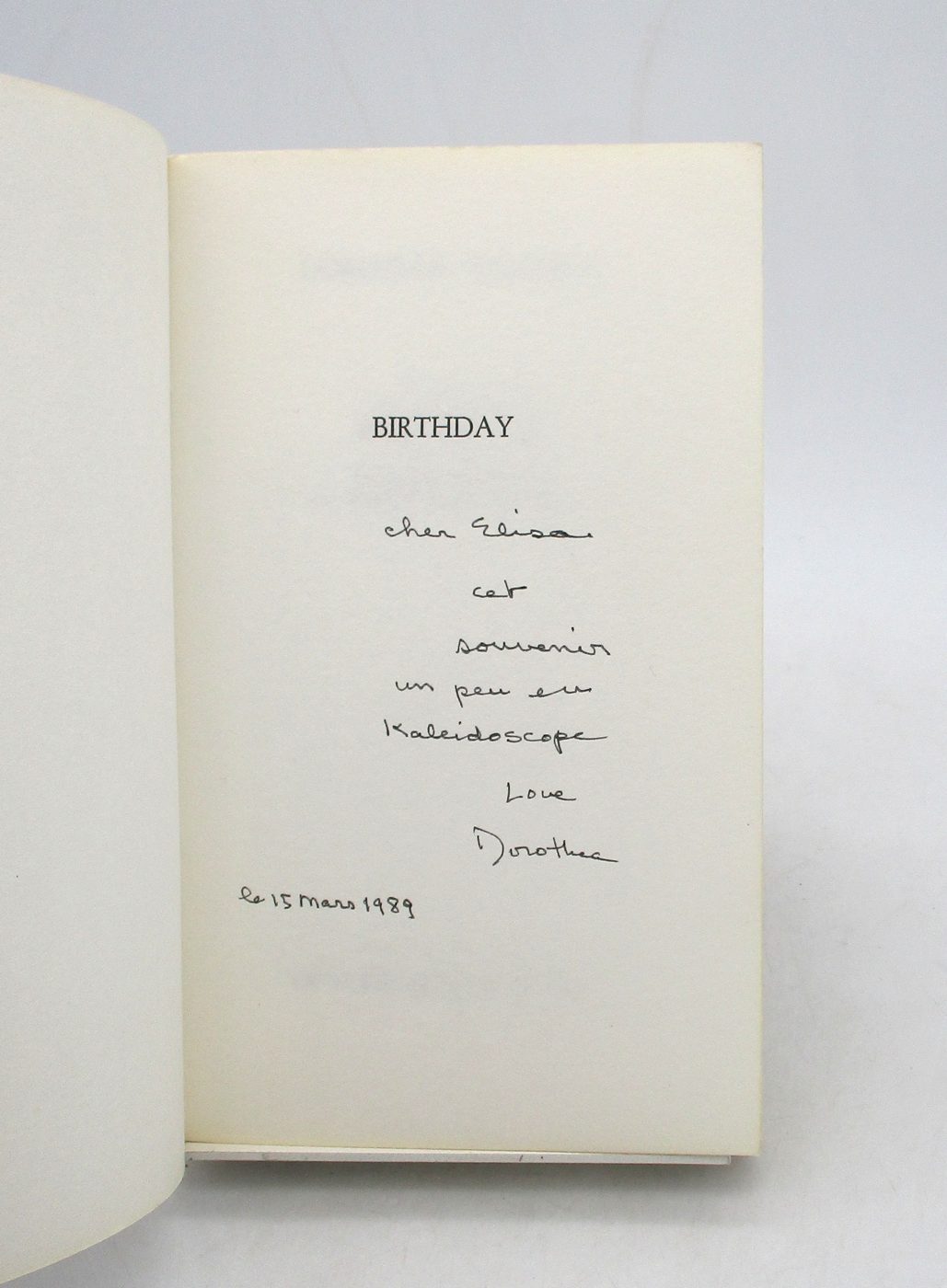 Envoi autographe signe de Dorothea Tanning a Elissa - dedication manuscrite sur exemplaire de Birthday
