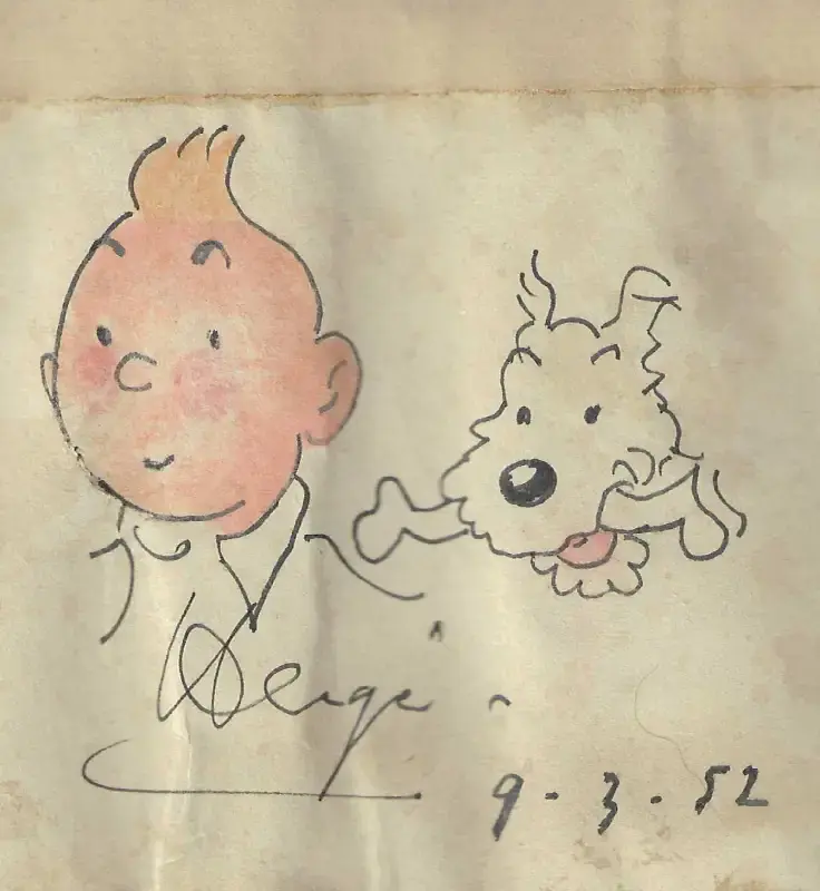 Dessin originale de Tintin et Milou signé par Hergé